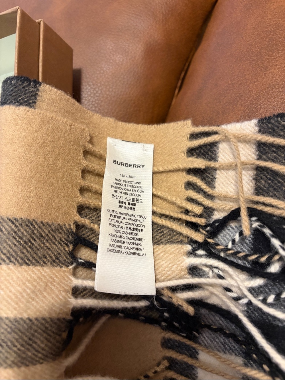 Burberry Beige, Black & White Signature Check Cashmere Fringe Scarf - Picture 2 of 5